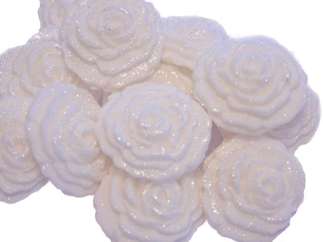 12 Vegan Small Glittered White Roses Wedding Birthday Cupcake Toppers