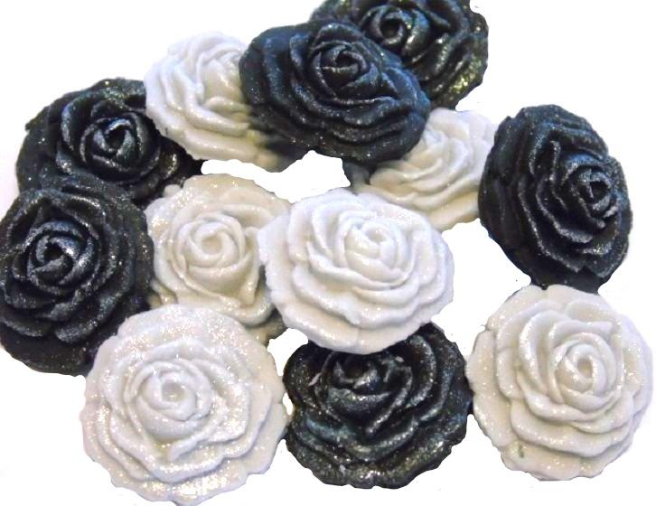 12 Vegan Glittered Black & White Mix Roses Cupcake Toppers