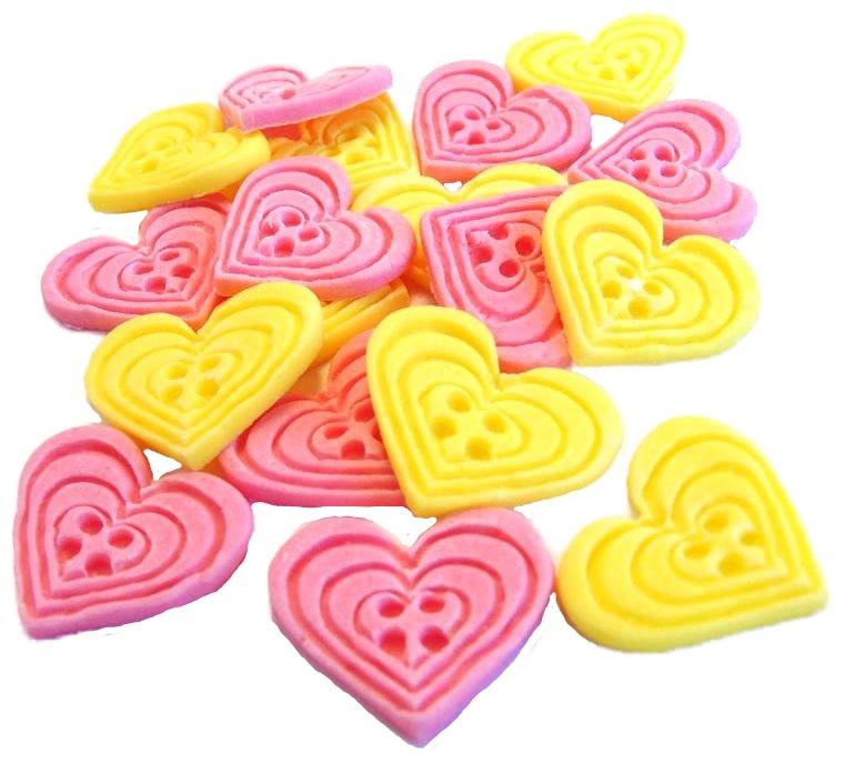 18 Edible Pink & Yellow heart Shaped Buttons Vegan Cupcake Toppers