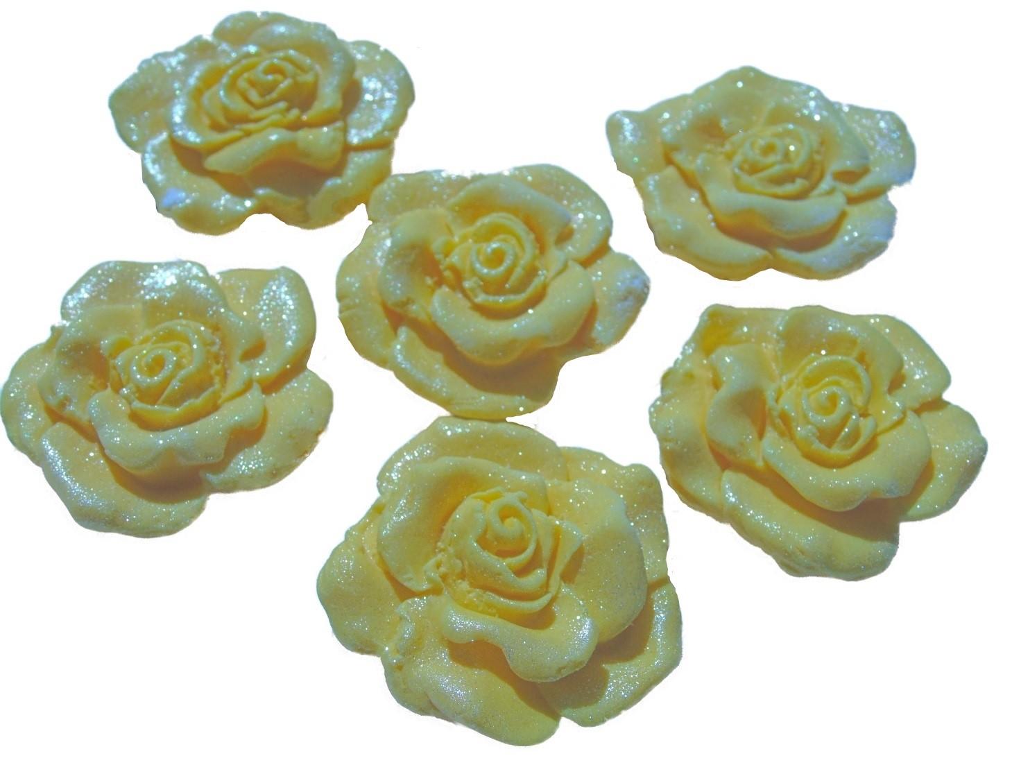 6 Large Yellow Glittered Roses Birthday Wedding Vegan Cupcake Cake Toppers