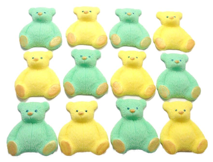 12 Edible Green & Yellow Teddies Cupcake Toppers Cake Decorations
