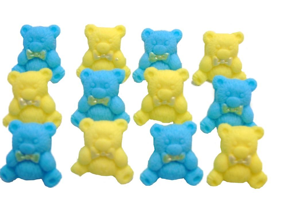 12 Mixed Blue & Yellow Coloured teddies Vegan, Dairy & Gluten Free cupcake toppers