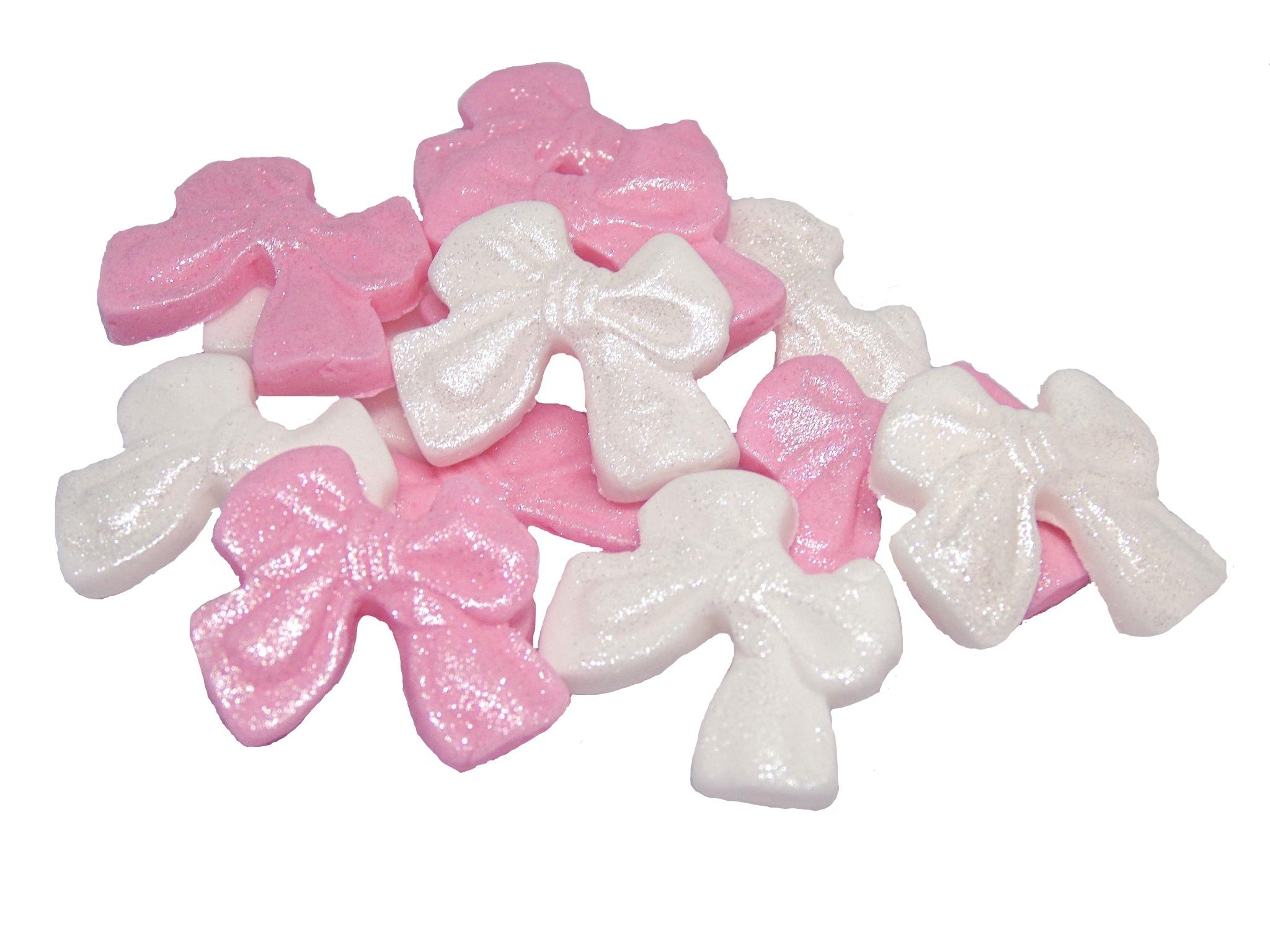 12 Edible Pink & White Mixed Glittered Bows Vegan, Dairy & Gluten Free cupcake toppers