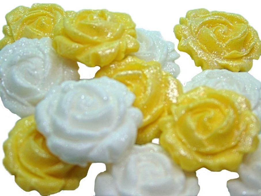 12 Vegan Glittered Yellow & White Mix Coloured Roses Cupcake Toppers