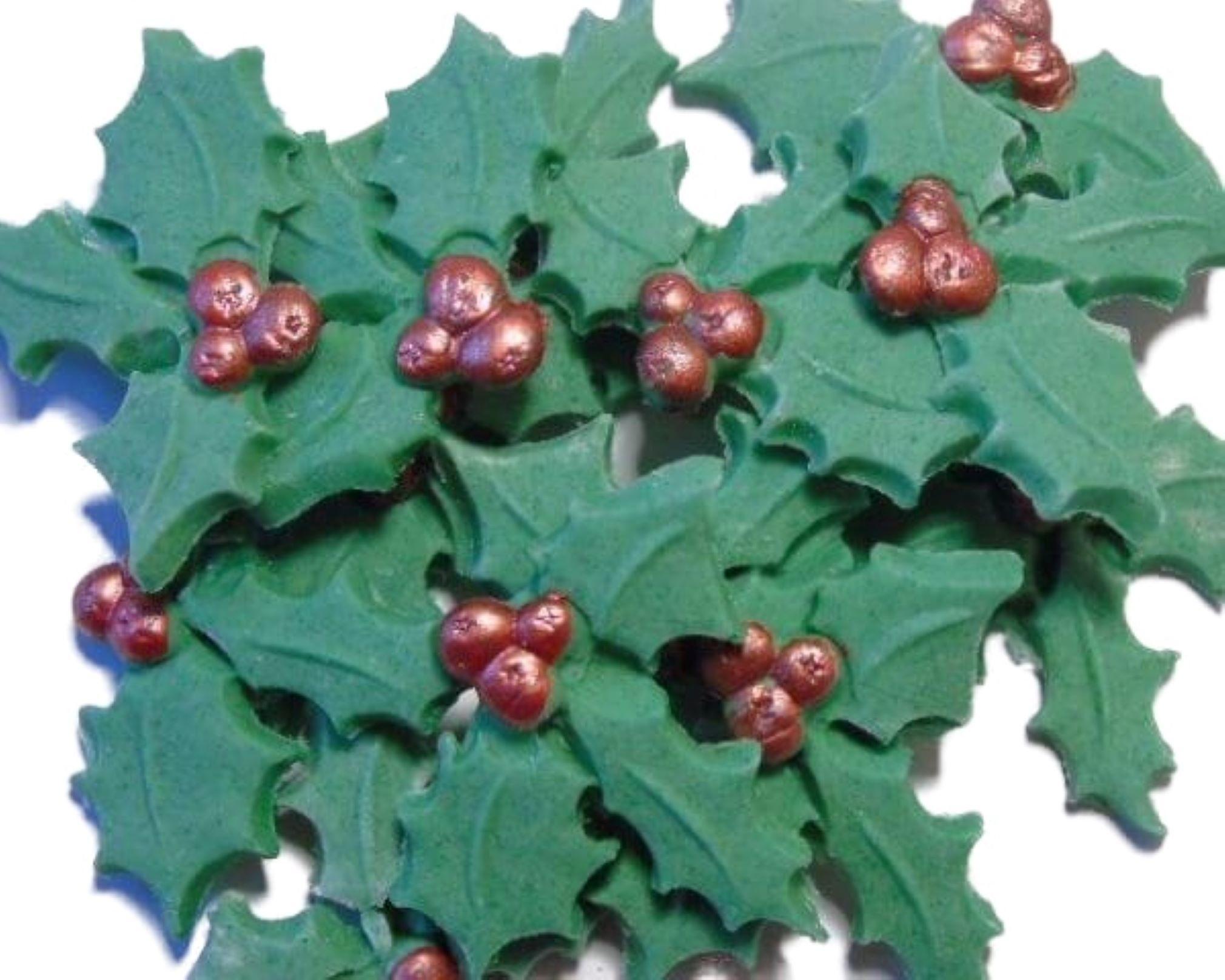 12 Holly Leaves with Berries Christmas Cupcake Cake Toppers