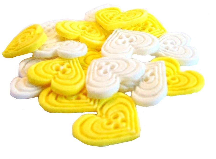 18 Edible Yellow & White heart Shaped Buttons Vegan Cupcake Toppers