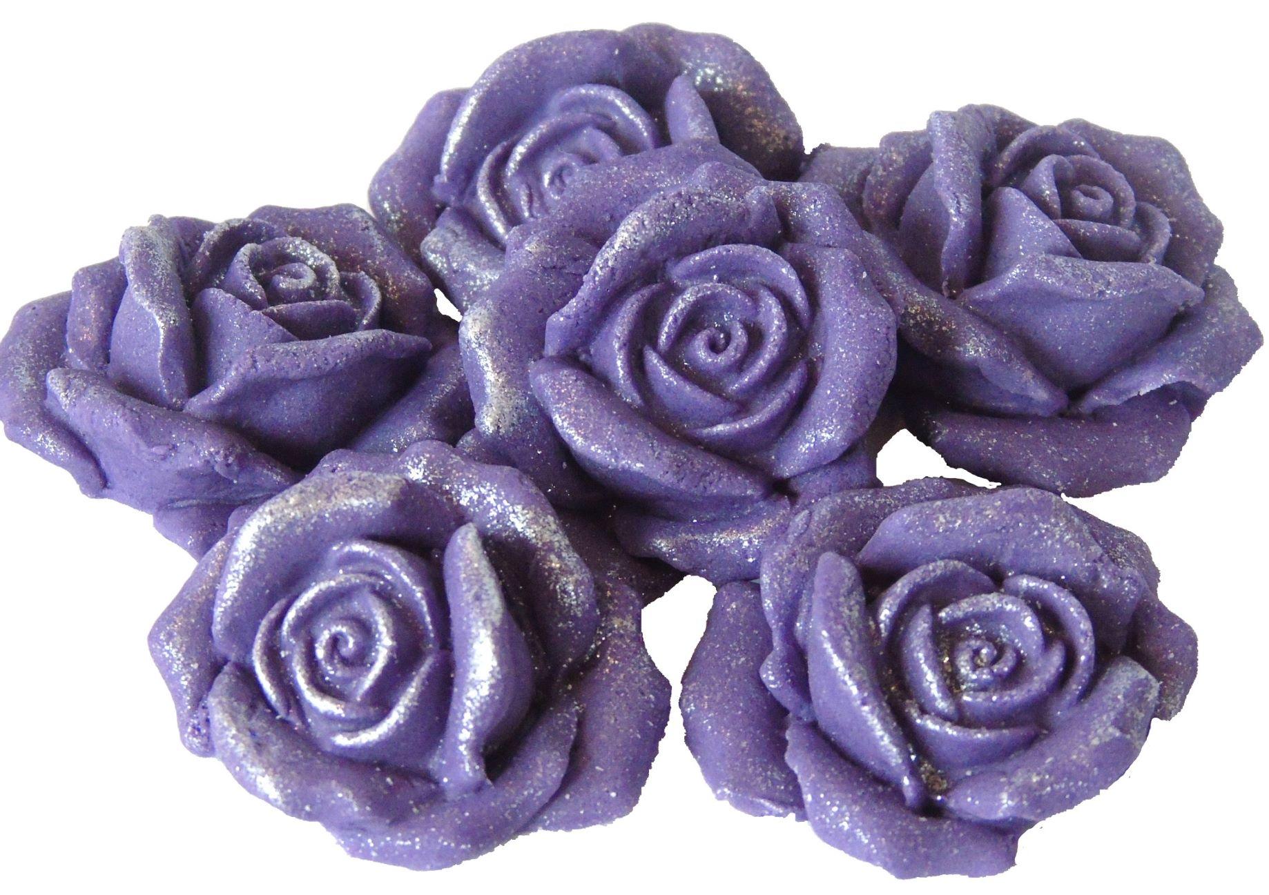 6 Edible Large Purple  Glittered Roses Vegan Cake Topper Decorations