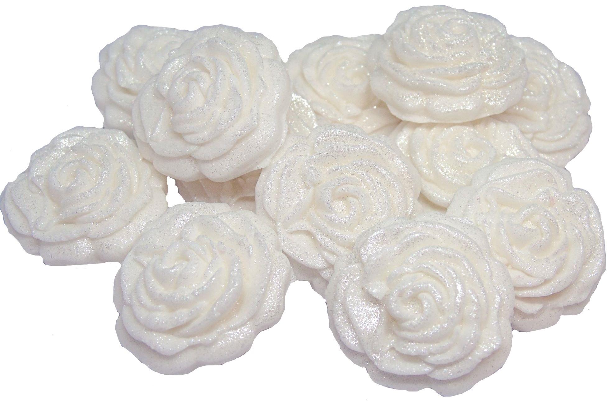 12 White Medium Glittered edible Coloured Roses