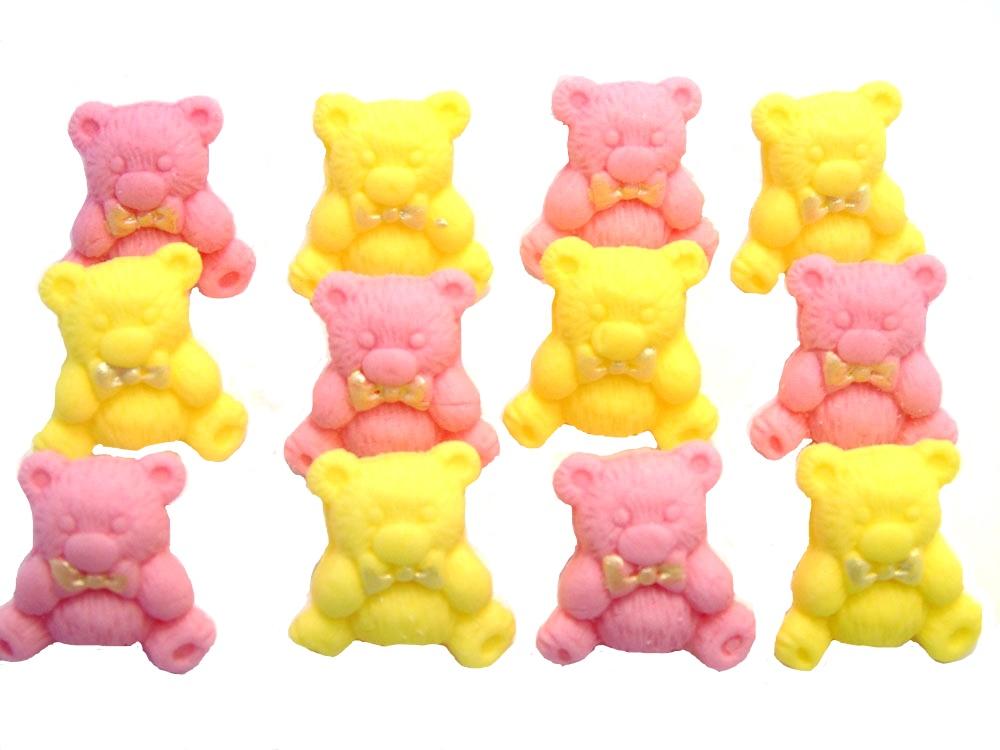 12 Mixed Pink & Yellow Coloured teddies Vegan, Dairy & Gluten Free cupcake toppers