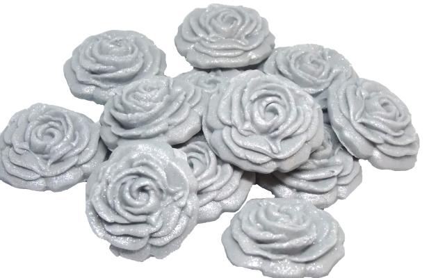 12 Vegan Small Glittered Silver Roses Wedding Birthday Cupcake Toppers