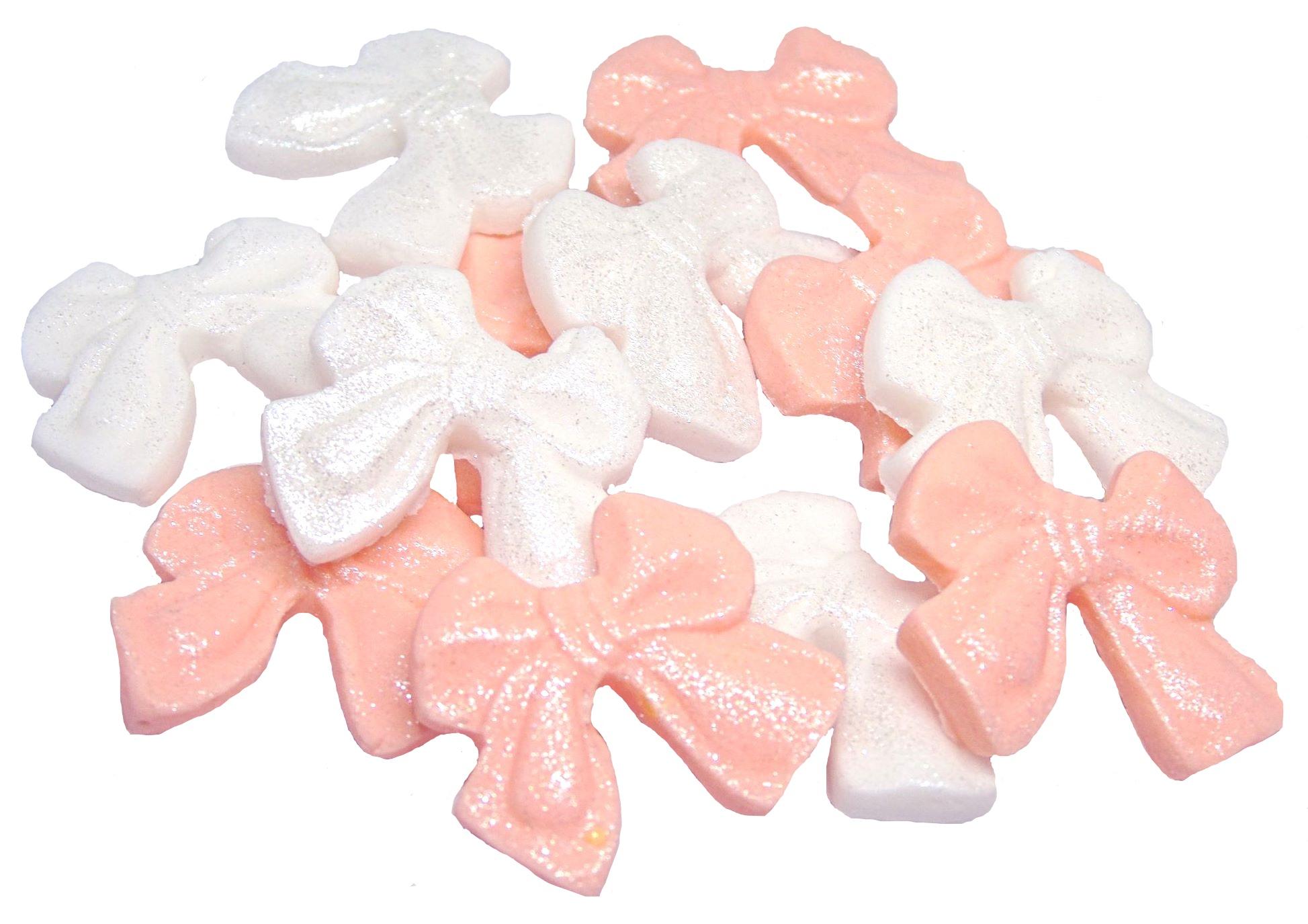 12 Edible Peach & White Mixed Glittered Bows Vegan, Dairy & Gluten Free cupcake toppers
