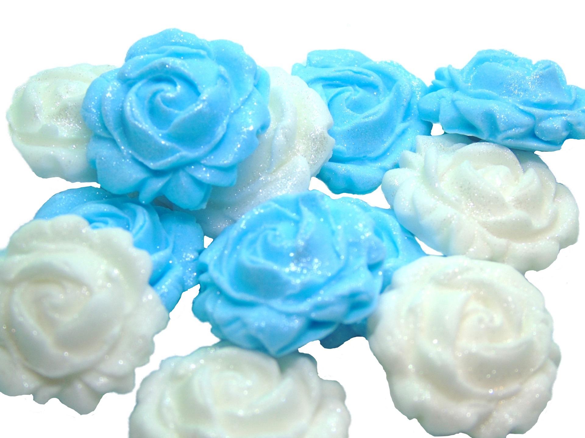 12 Vegan Glittered Blue & White Mix Coloured Roses Cupcake Toppers