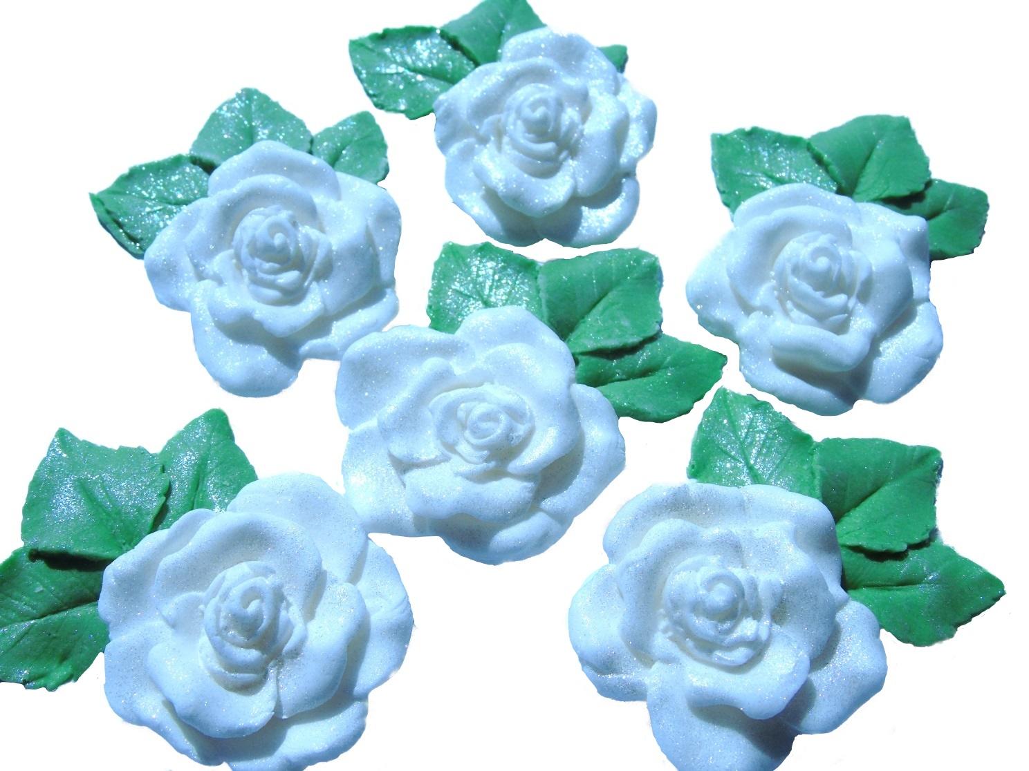 6 Large White Glittered Roses with leaves Vegan  Birthday Wedding Cake Toppers