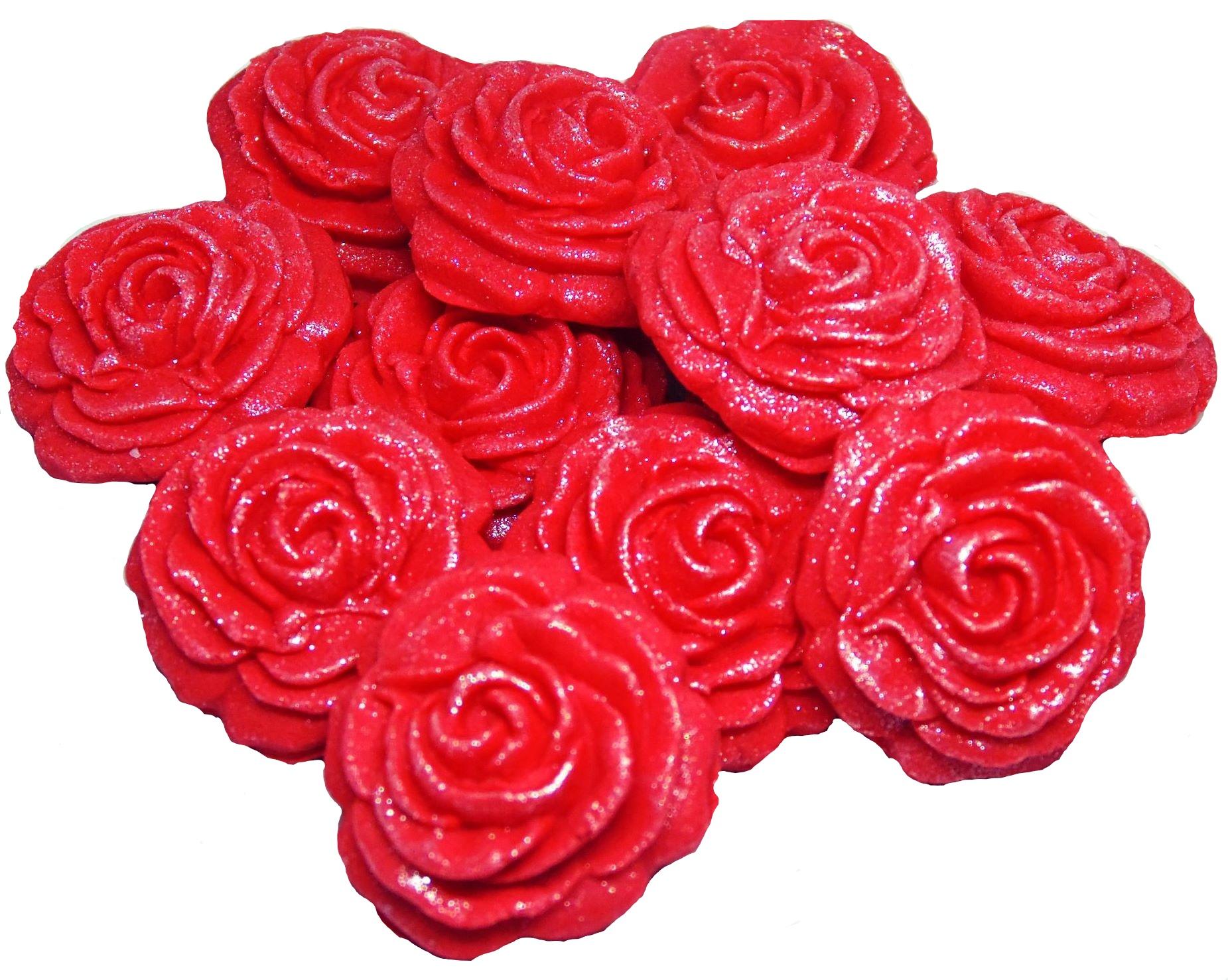 12  Red Medium Glittered edible Coloured Roses