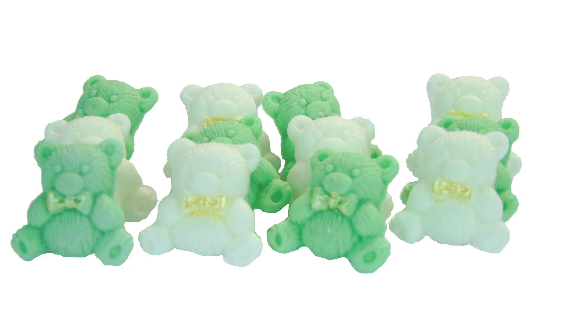 12 Mixed Green & White Coloured teddies Vegan, Dairy & Gluten Free cupcake toppers