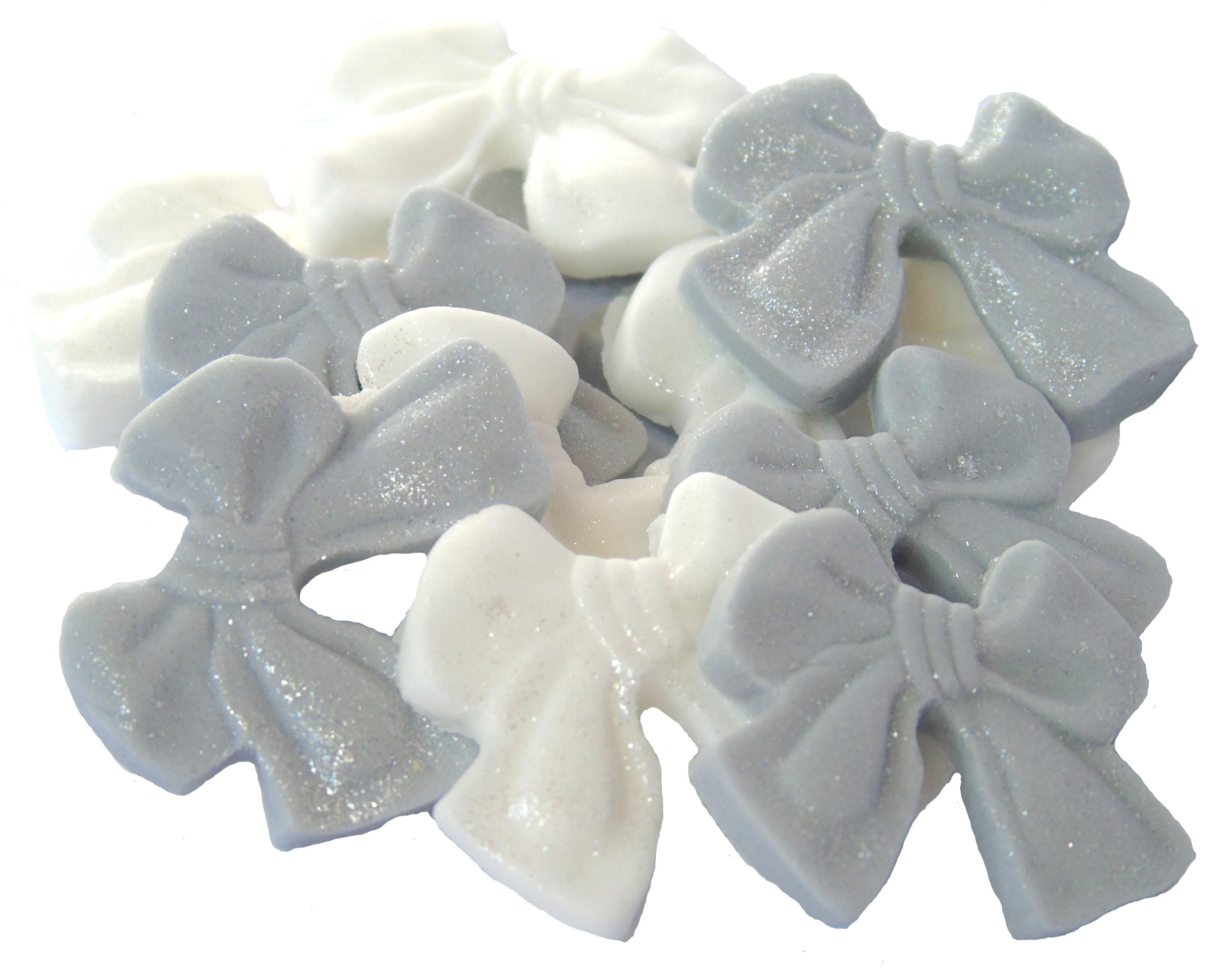 12 Edible Silver & White Mixed Glittered Bows Vegan, Dairy & Gluten Free cupcake toppers