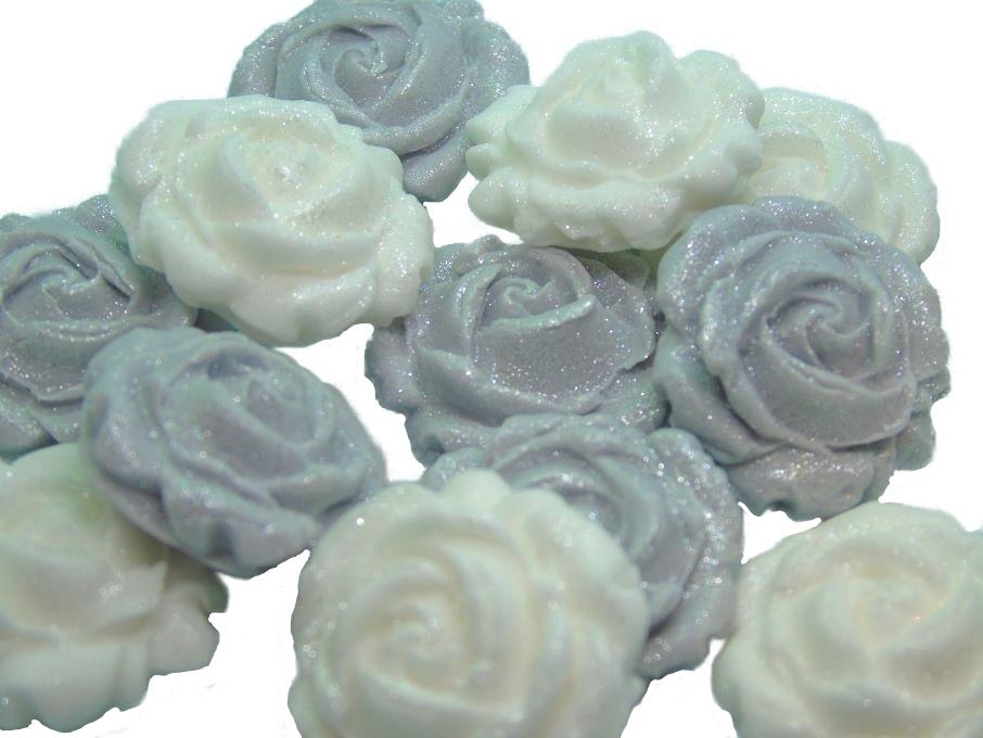 12 Vegan Glittered Silver & White Mix Coloured Roses Cupcake Toppers