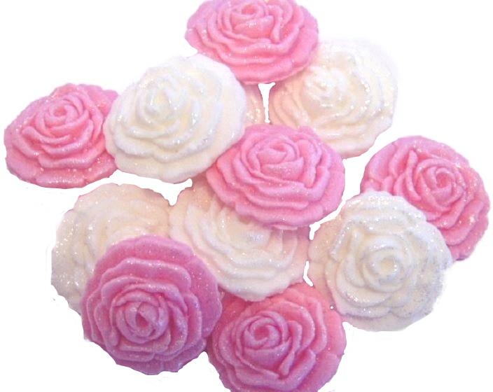 12 Vegan Glittered Pink & White Mix Roses Cupcake Toppers
