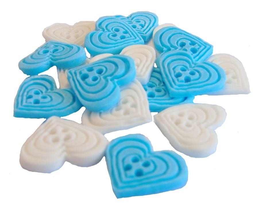18 Edible Blue & White heart Shaped Buttons Vegan Cupcake Toppers
