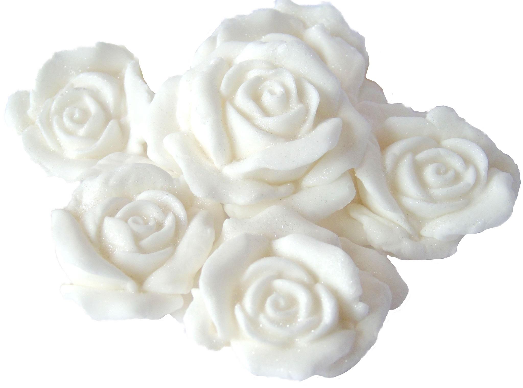6 Edible Large White Glittered Roses Vegan Cake Topper Decorations