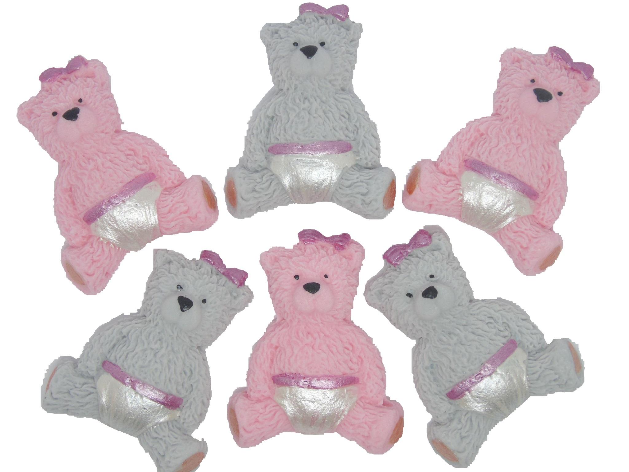6 Pink Grey Baby Teddies Vegan Baby Shower Birthday Cake Toppers