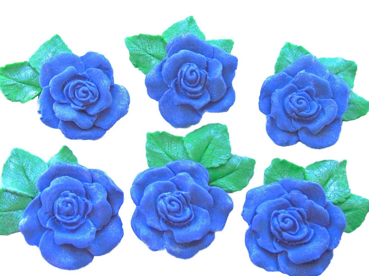 6 Large Blue Glittered Roses with leaves Vegan  Birthday Wedding Cake Toppers