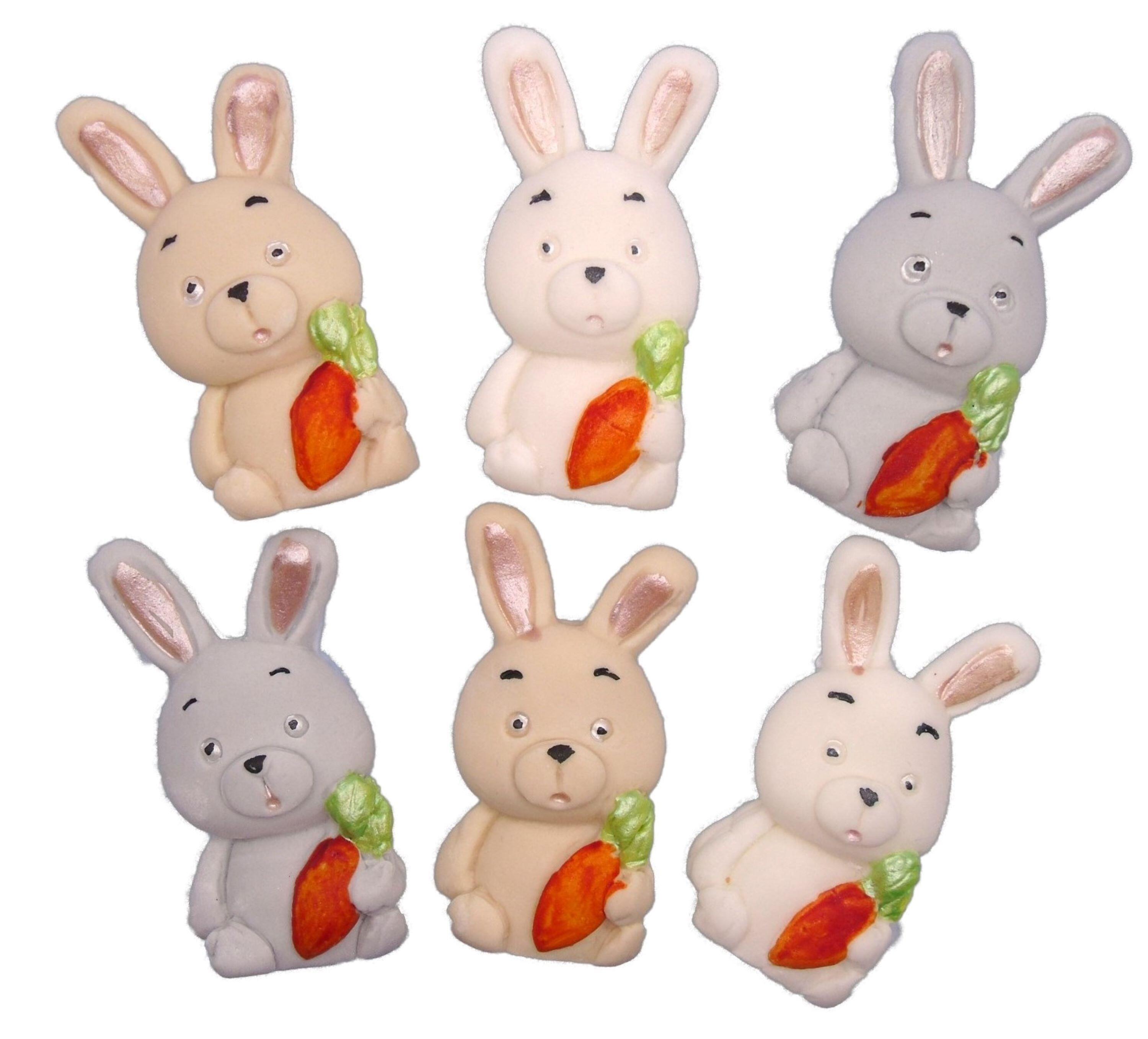 6 Edible Cream white & grey Easter Rabbits Baby Shower Fondant Vegan Cupcake Toppers