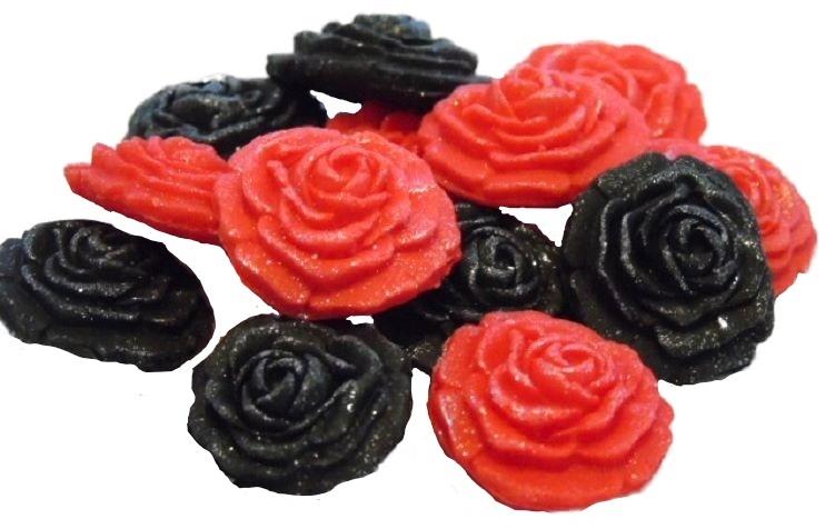 12 Vegan Glittered Red & Black Mix Roses Cupcake Toppers