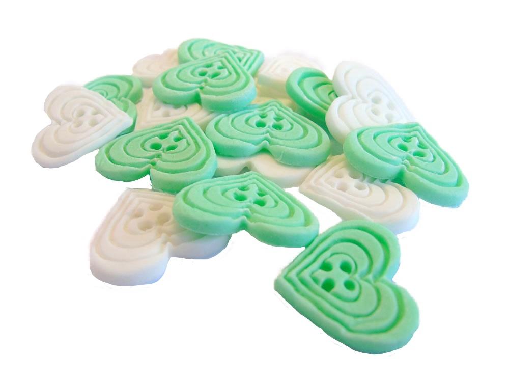 18 Edible Green & White heart Shaped Buttons Vegan Cupcake Toppers