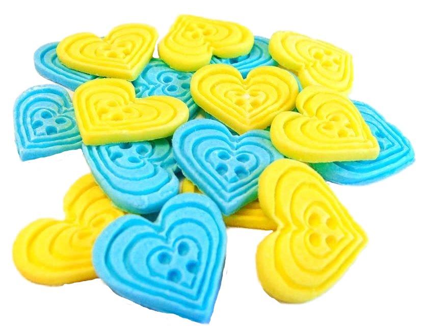 18 Edible Blue & Yellow heart Shaped Buttons Vegan Cupcake Toppers