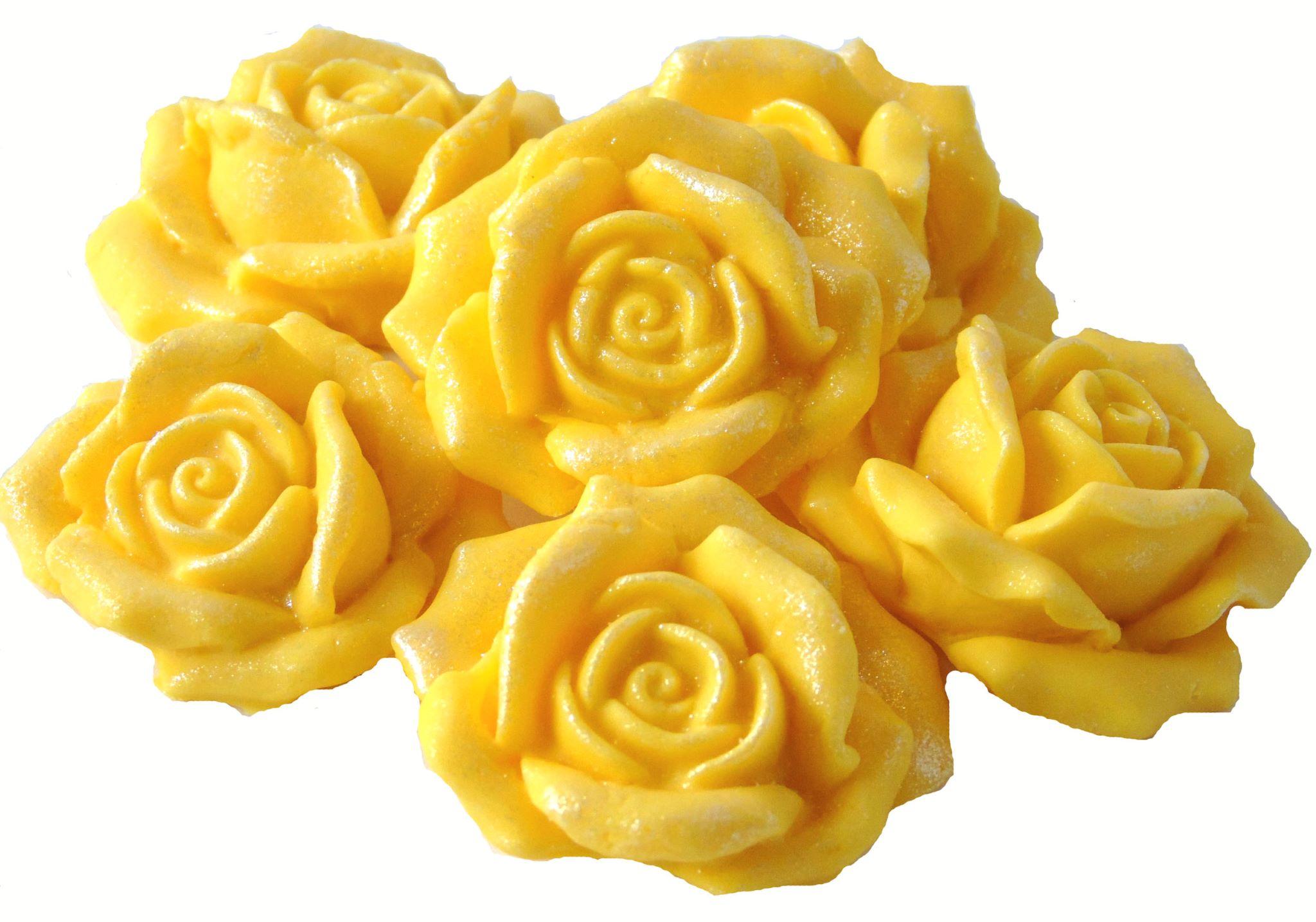 6 Edible Large Yellow Glittered Roses Vegan Cake Topper Decorations