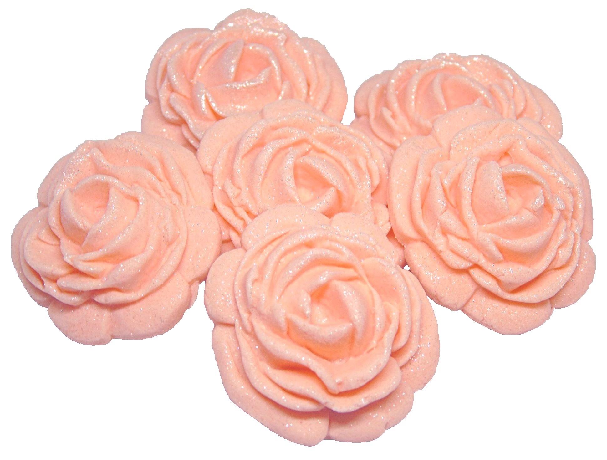 6 Large Peach Edible Glittered Cake Roses Vegan Wedding Birthday Toppers