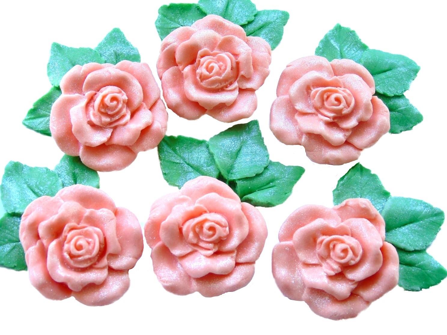 6 Large Peach Glittered Roses with leaves Vegan  Birthday Wedding Cake Toppers