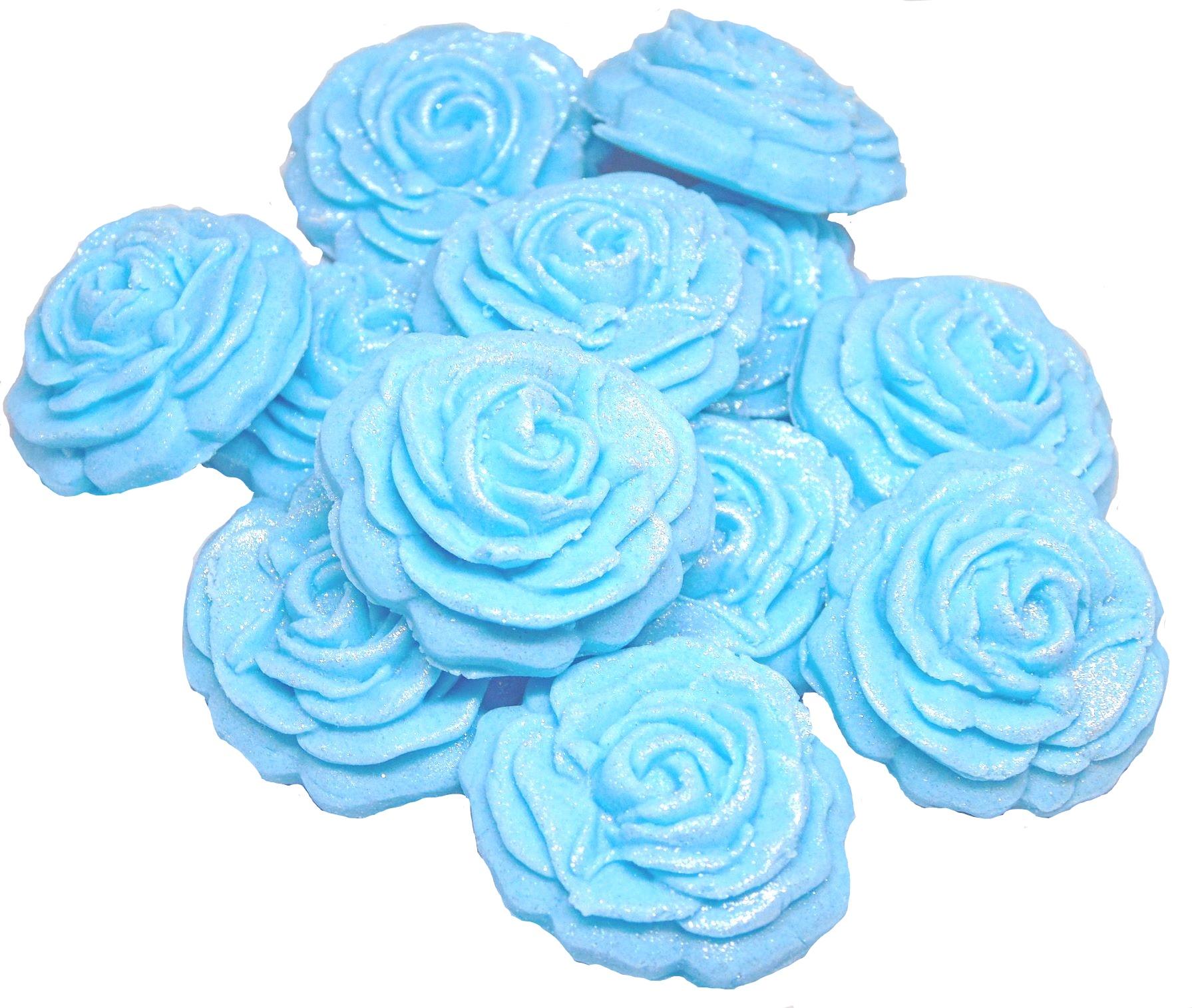 12 Blue Medium Glittered edible Coloured Roses