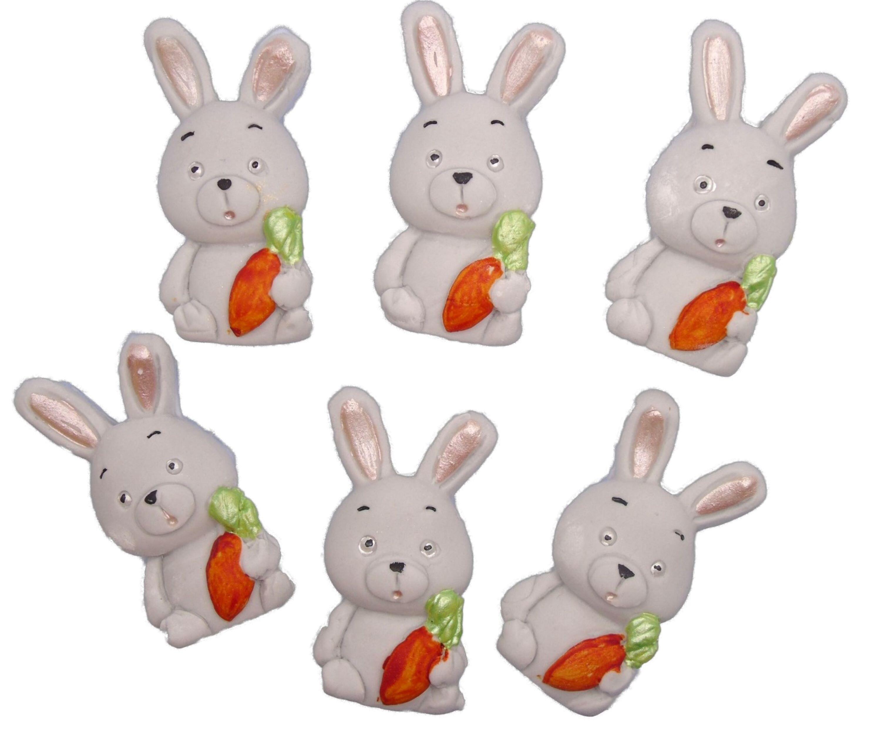 6 Edible Grey Easter Rabbits Baby Shower Fondant Vegan Cupcake Toppers