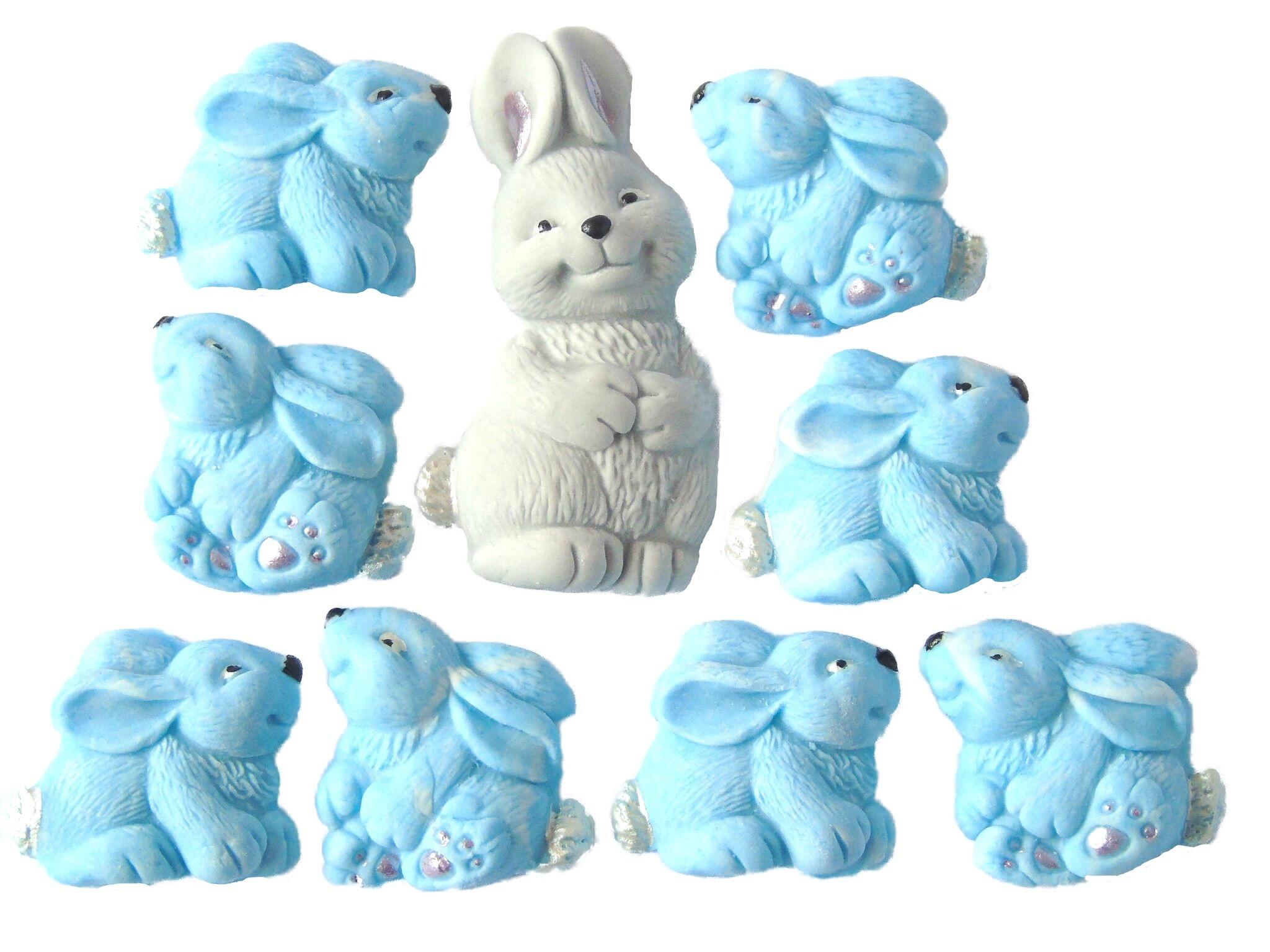Easter Vegan Cake Decorations 1 Mother Rabbit and 8 Blue Baby Rabbits