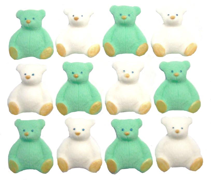 12 Edible Green & White Teddies Cupcake Toppers Cake Decorations