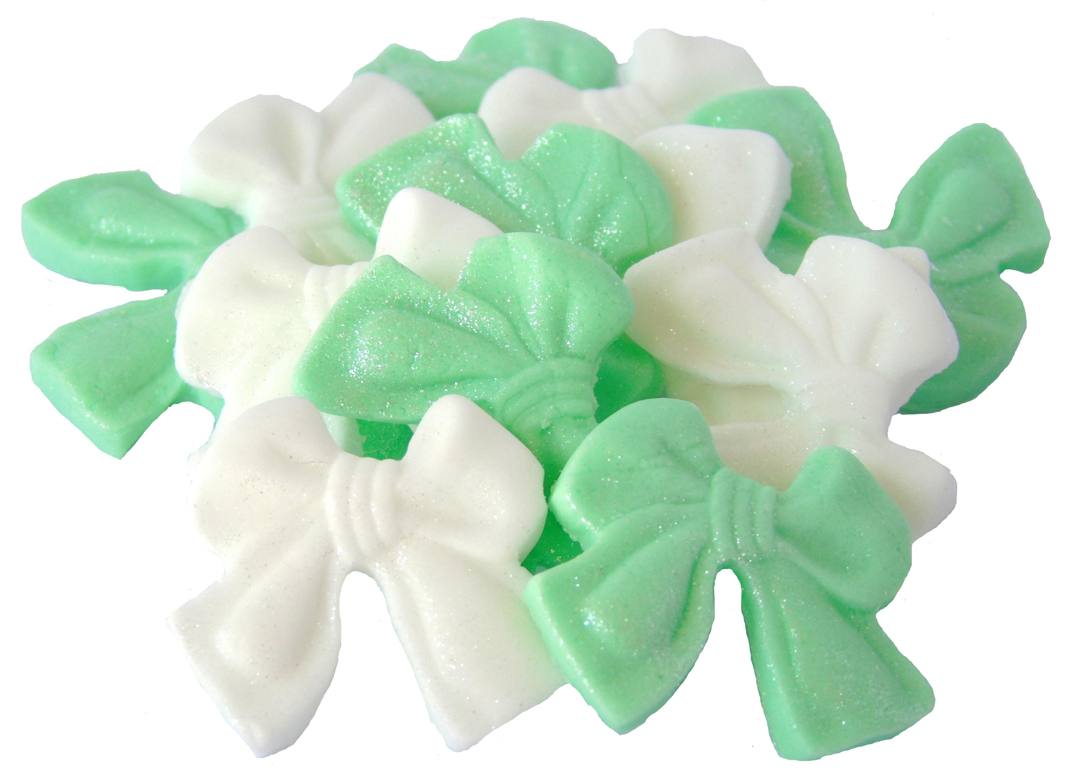 12 Edible Green & White Mixed Glittered Bows Vegan, Dairy & Gluten Free cupcake toppers