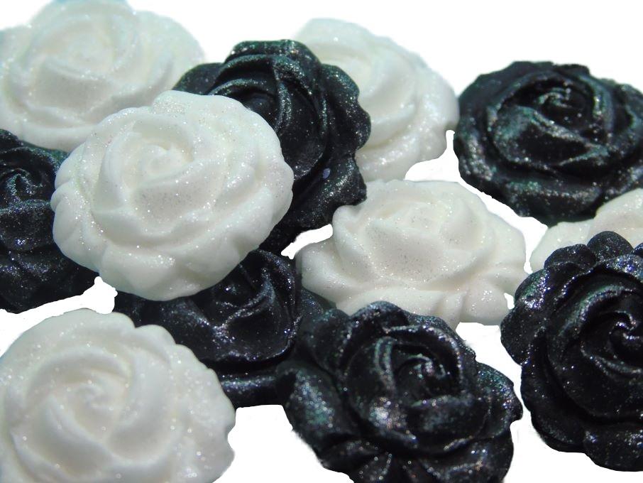 12 Vegan Glittered Black & White Mix Coloured Roses Cupcake Toppers