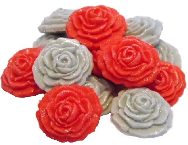 12 Vegan Glittered Red & Silver Mix Roses Cupcake Toppers