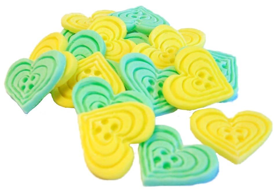 18 Edible Green & Yellow heart Shaped Buttons Vegan Cupcake Toppers