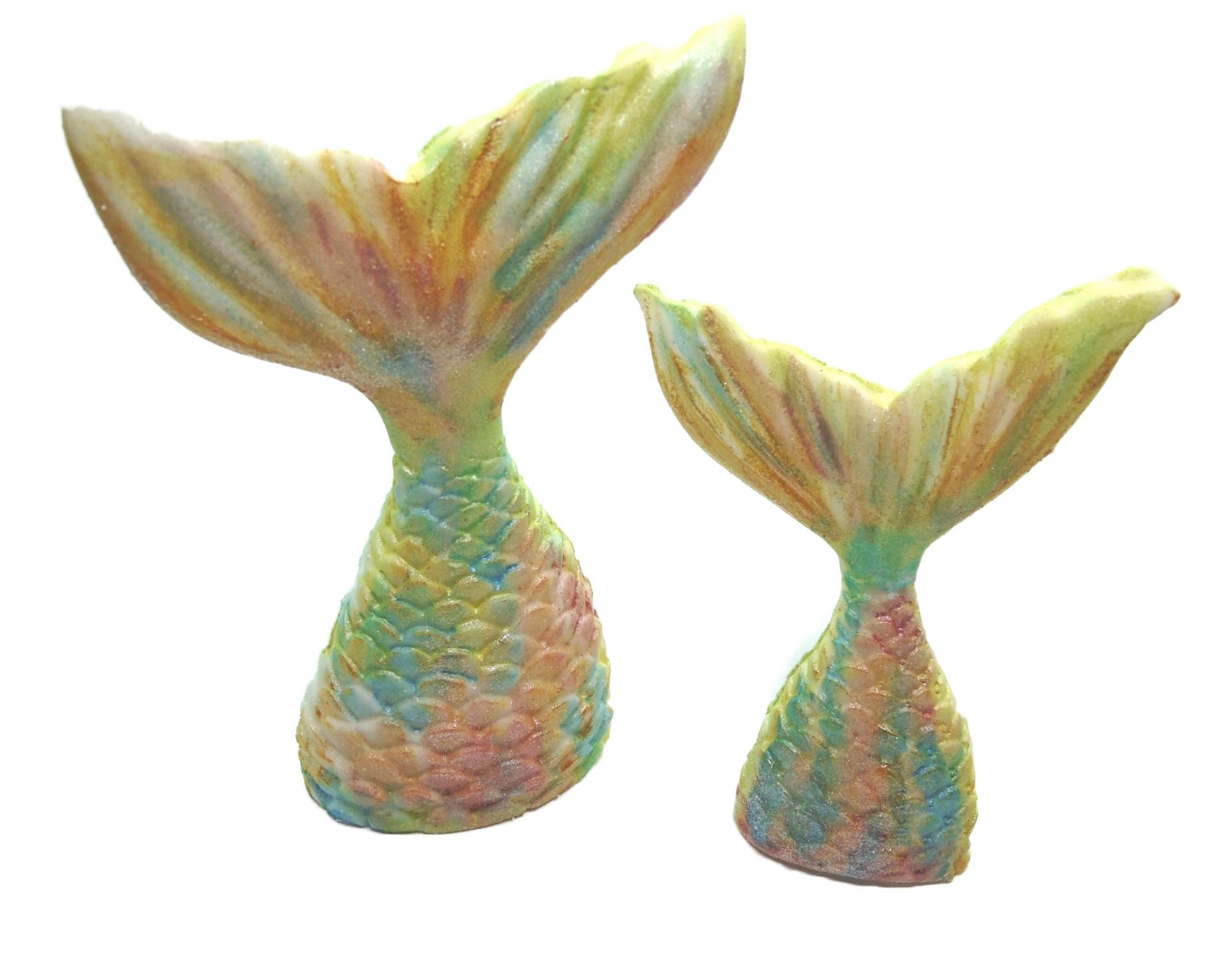 2 Mixed coloured Edible Mermaid Tails Large & Small Vegan Birthday Cake Toppers