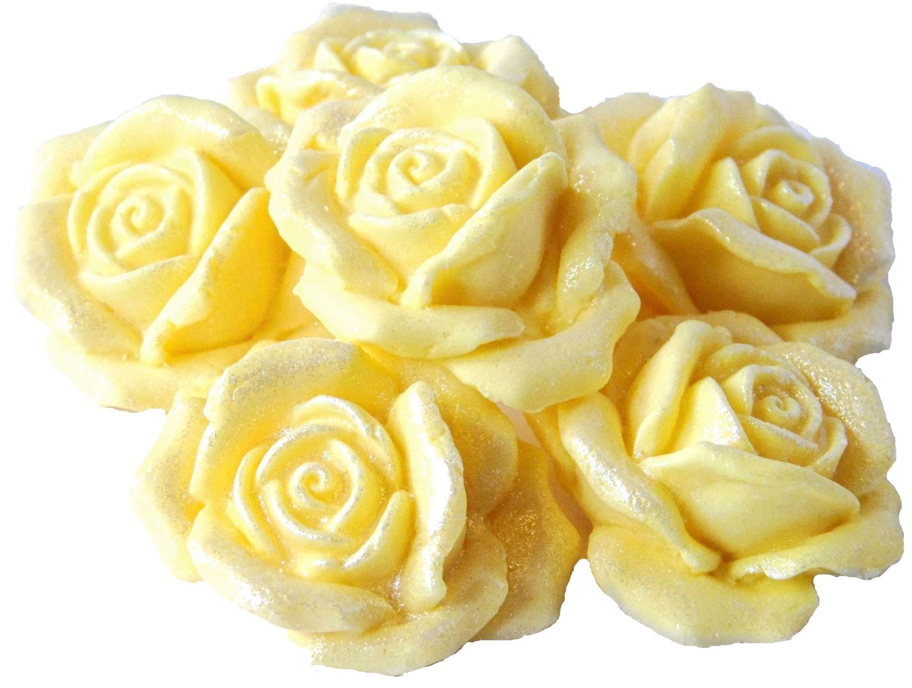 6 Edible Large Lemon Glittered Roses Vegan Cake Topper Decorations