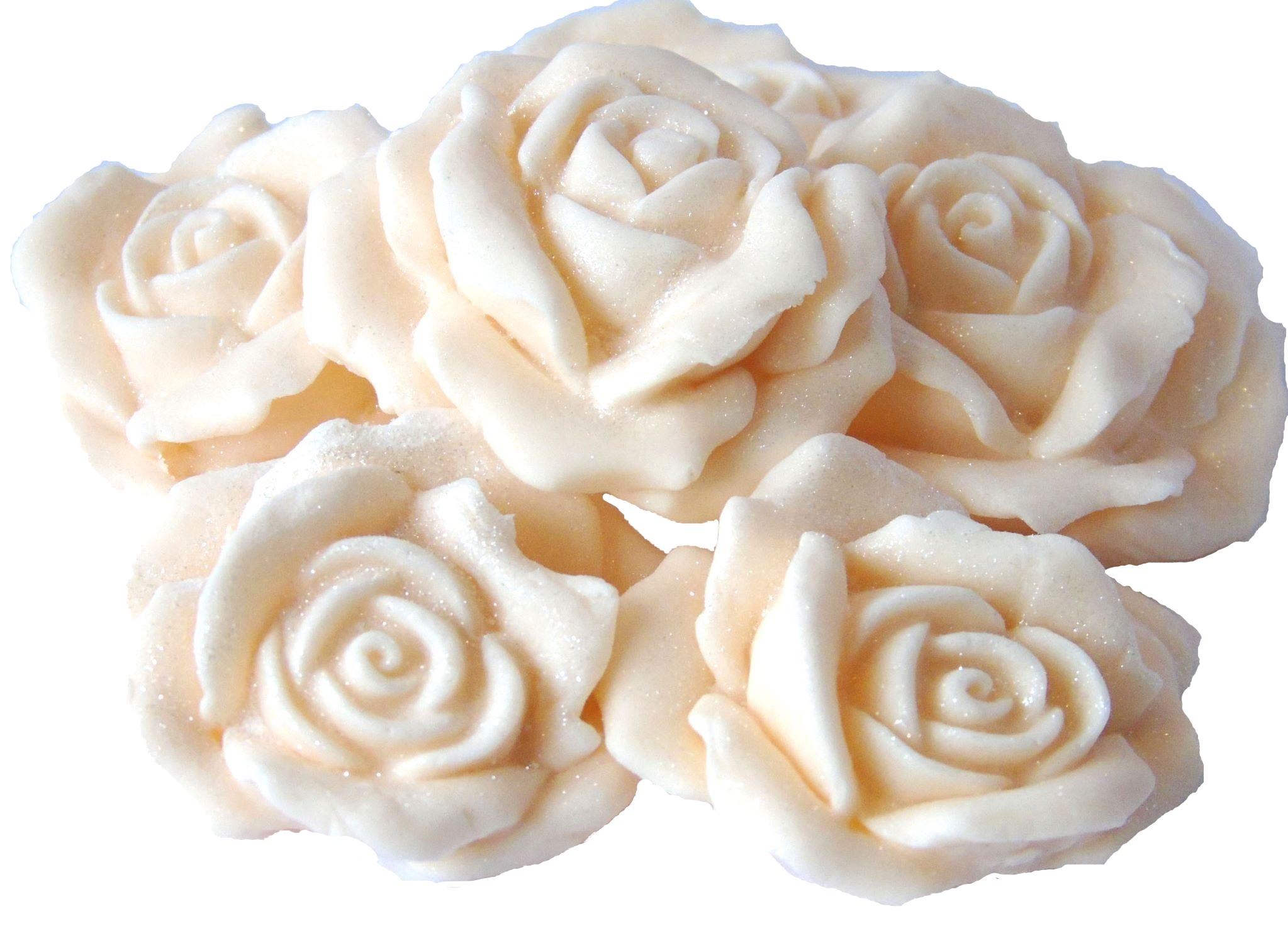 6 Edible ivory Large Glittered Roses Vegan Cake Topper Decorations