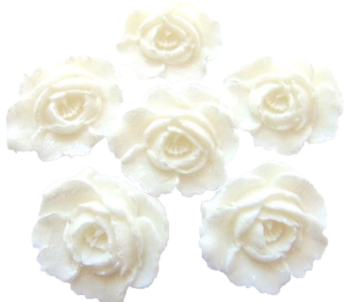 6 Large White Glittered Roses Wedding Birthday Vegan Cupcake Cake Toppers