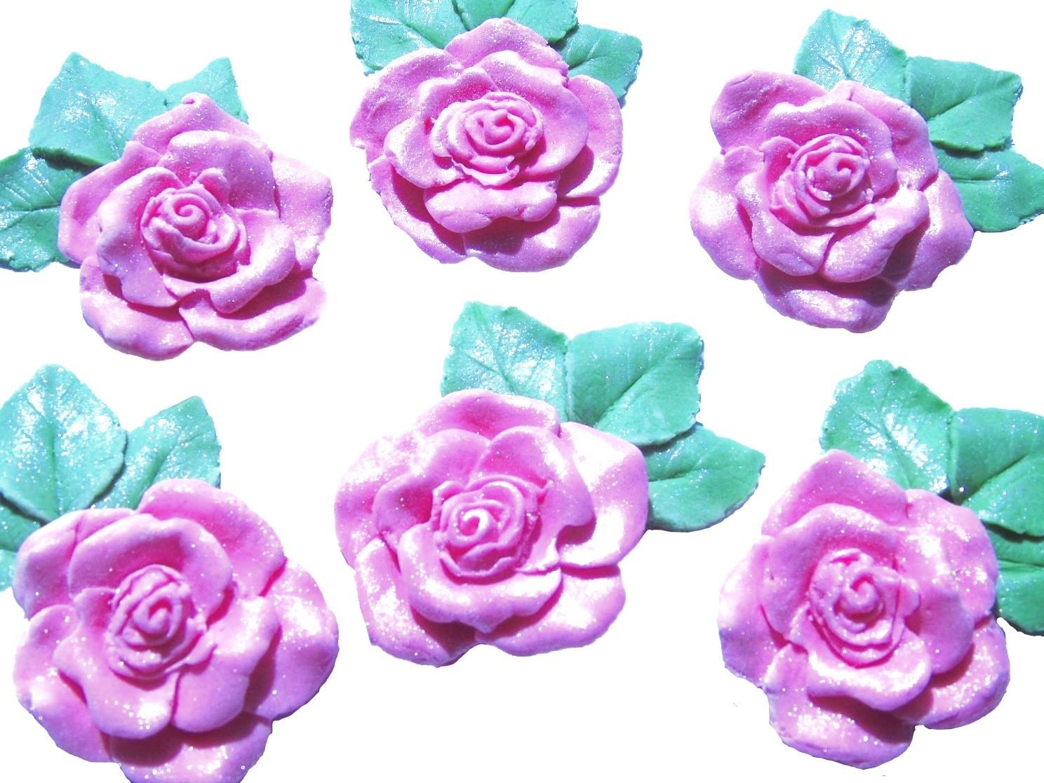 6 Large Pink Glittered Roses with leaves Vegan  Birthday Wedding Cake Toppers