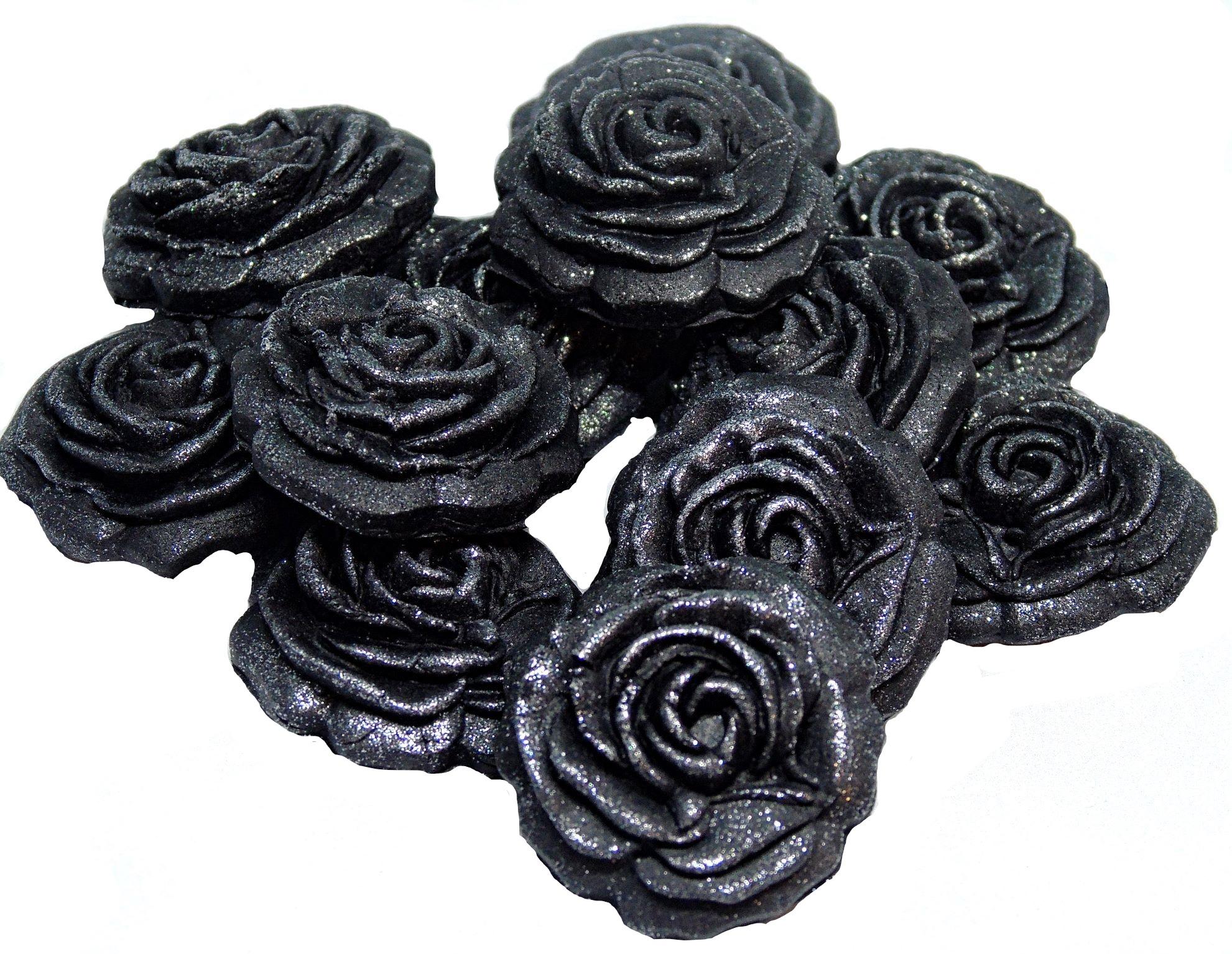12 Black Medium Glittered edible Coloured Roses