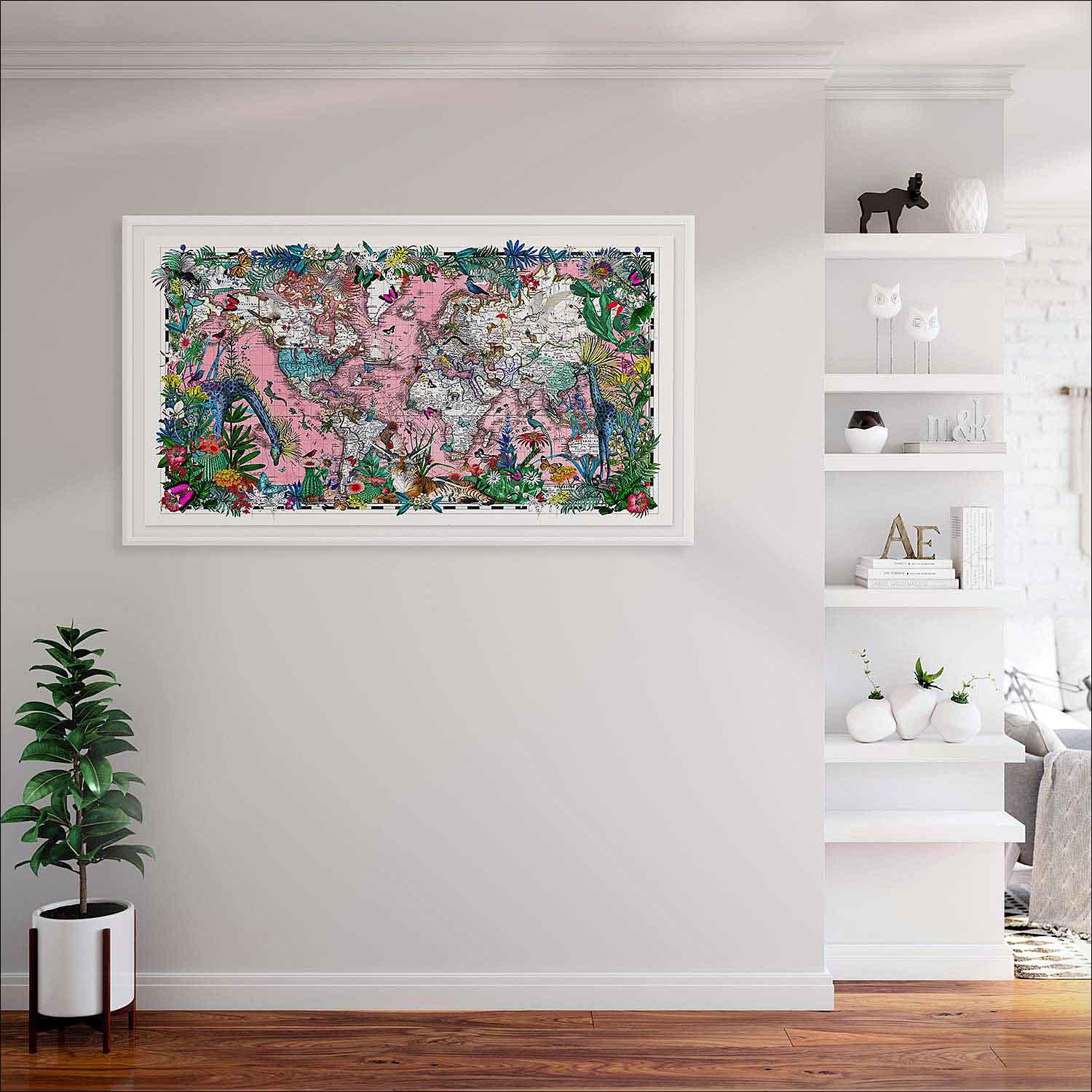 art print of the world map with a pink sea for your home decoration