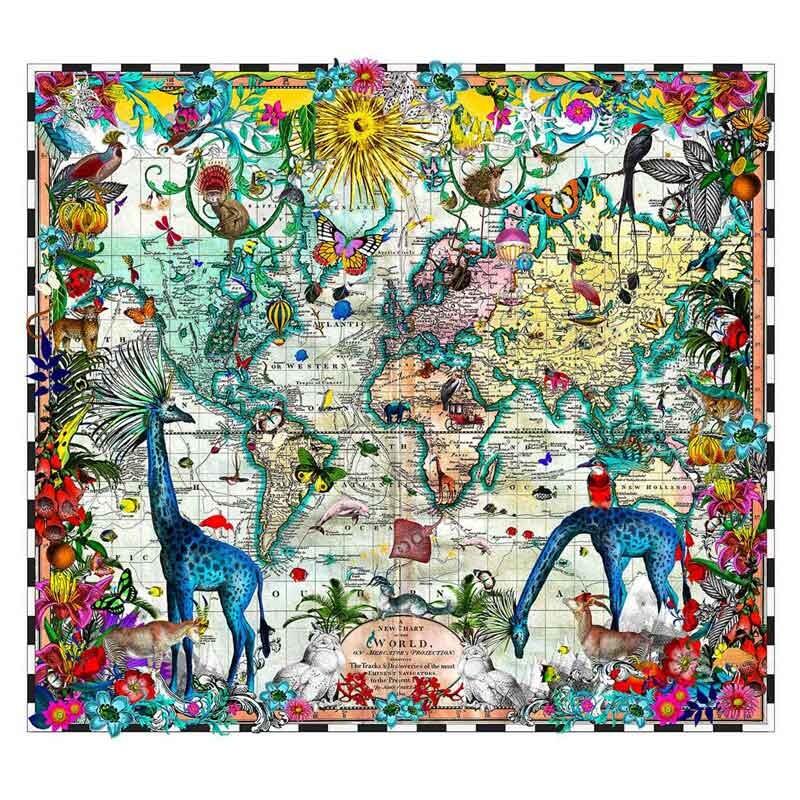 Contemporary art print of the world map full of animals