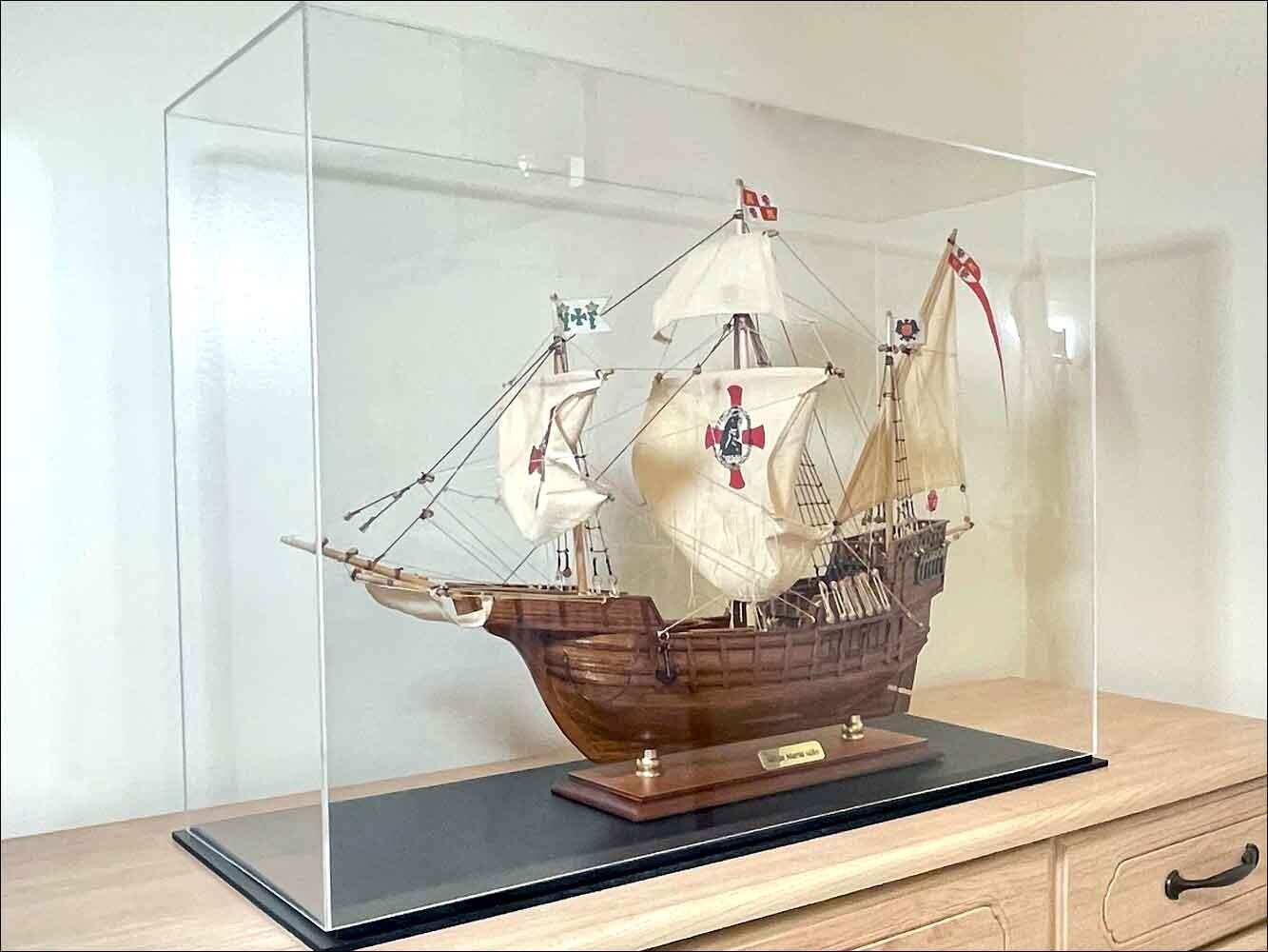 Santa Maria Wooden Ship Model in Display Case